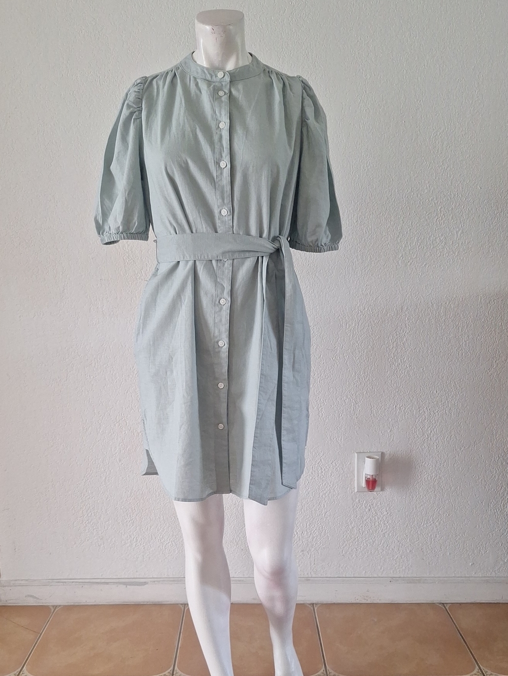 Gorgeous Casual Light Green Blend Linen PuffSleeve Dress with Waist Tie Sz S Nwt